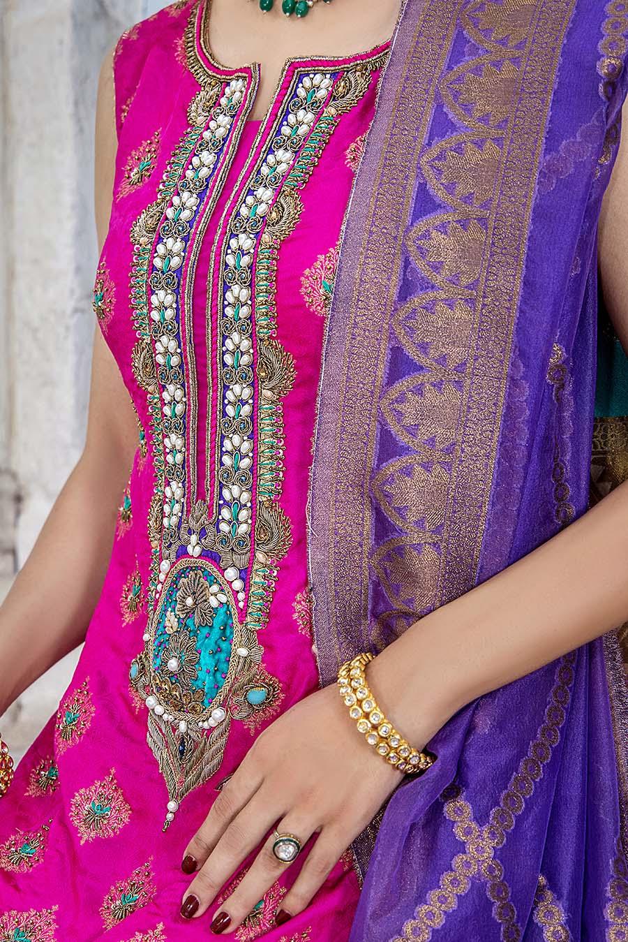 Pure Silk Jamawar Shirt with Organza Banarsi Dupatta & Embroidered Trousers