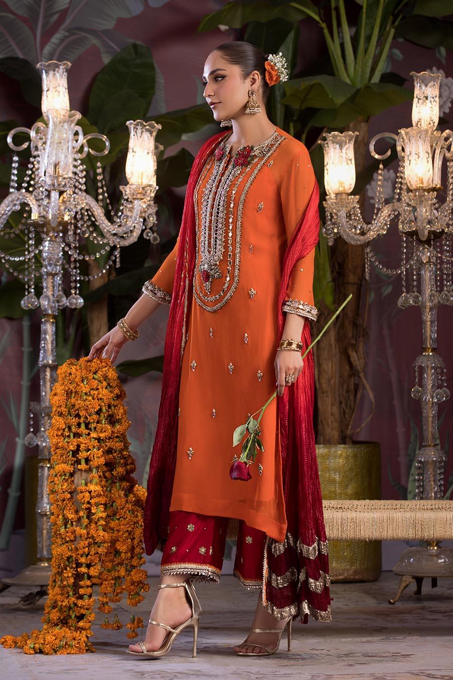 Hand-Embroidered Crinkle Chiffon Shirt & Silk Sharara Set with Gotta Dupatta
