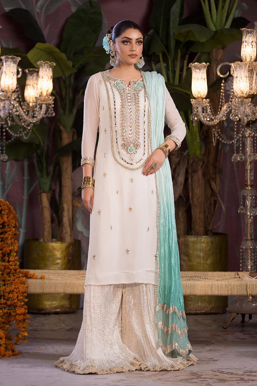 Hand-Embroidered Crinkle Chiffon Shirt & Silk Sharara Set with Gotta Dupatta