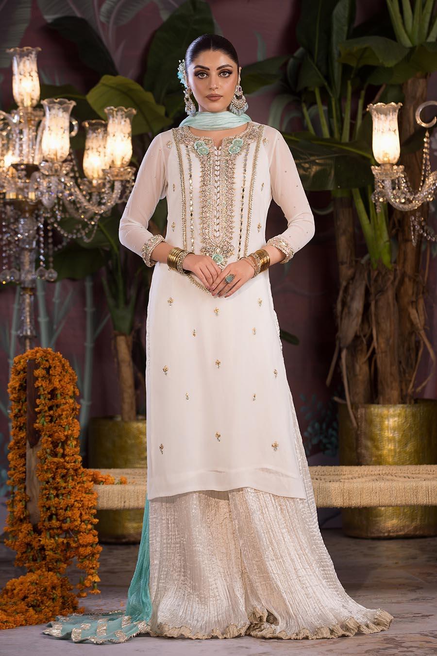 Hand-Embroidered Crinkle Chiffon Shirt & Silk Sharara Set with Gotta Dupatta