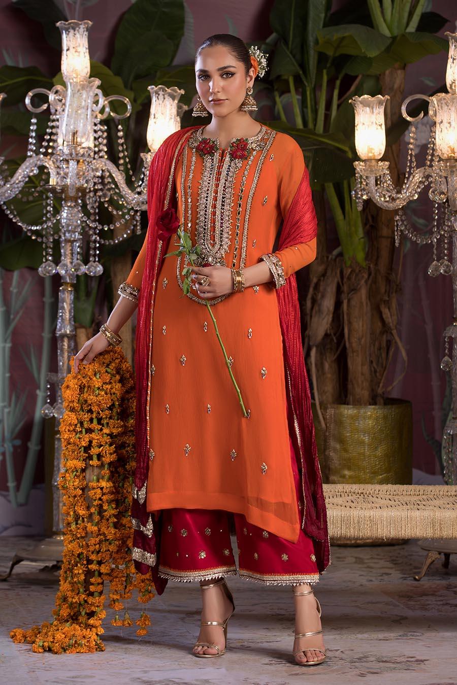 Hand-Embroidered Crinkle Chiffon Shirt & Silk Sharara Set with Gotta Dupatta