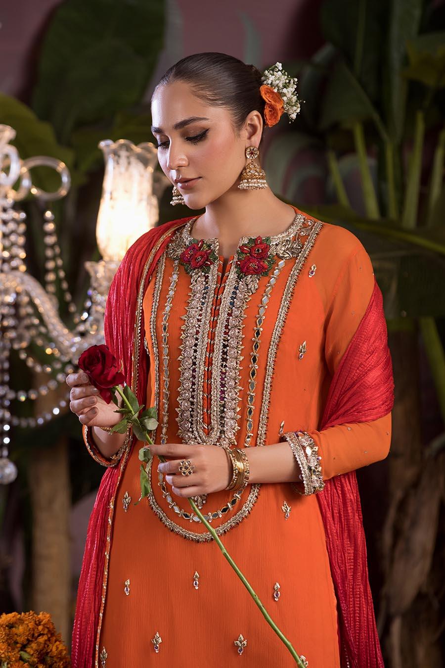 Hand-Embroidered Crinkle Chiffon Shirt & Silk Sharara Set with Gotta Dupatta