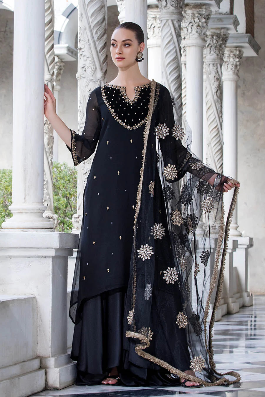 Crinkle Chiffon Shirt & Silk Flared Trouser Set with Gotta Dupatta