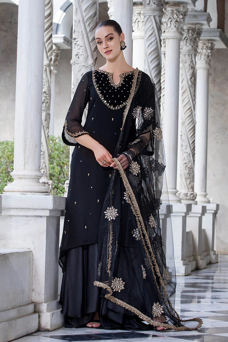 Crinkle Chiffon Shirt & Silk Flared Trouser Set with Gotta Dupatta