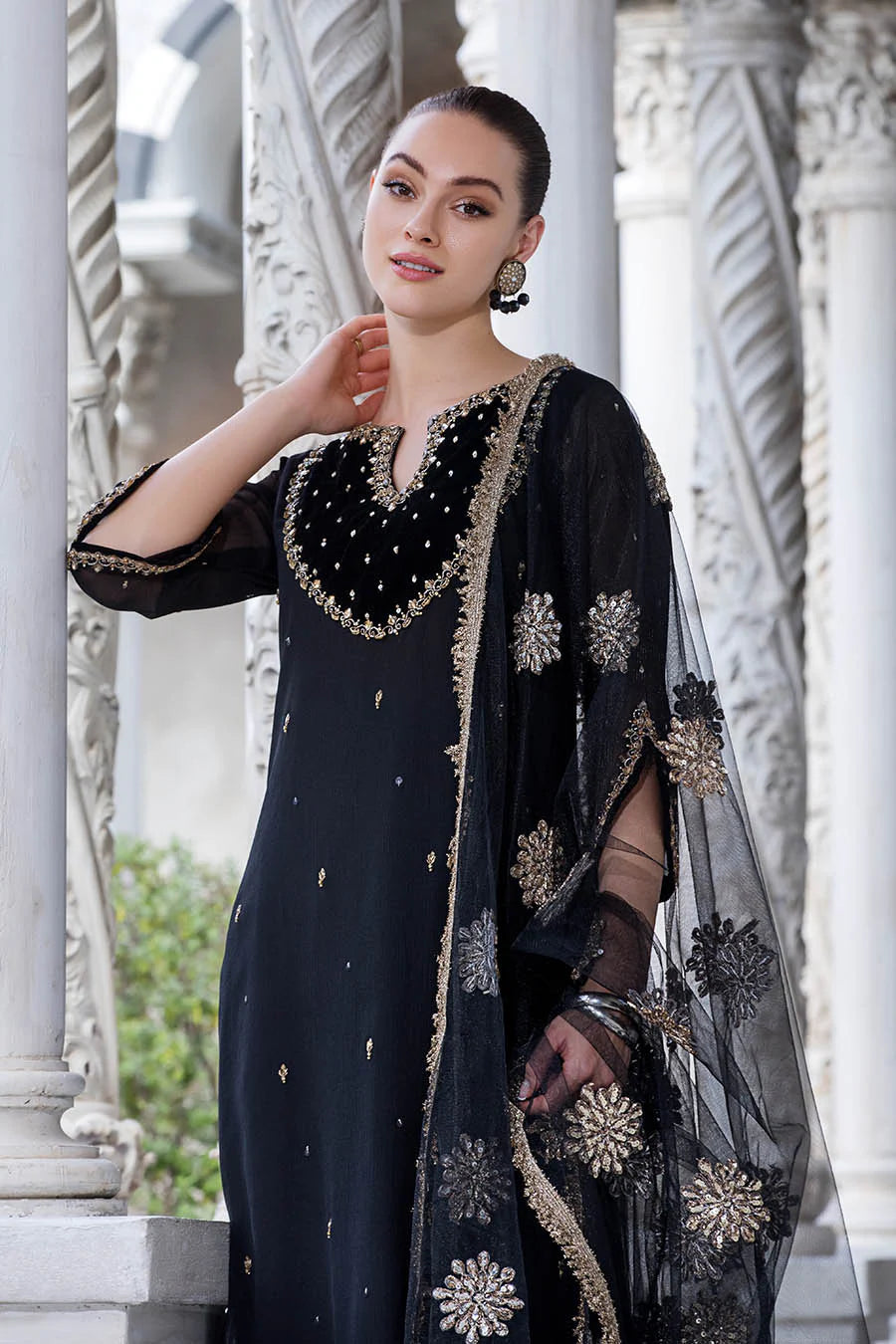 Crinkle Chiffon Shirt & Silk Flared Trouser Set with Gotta Dupatta