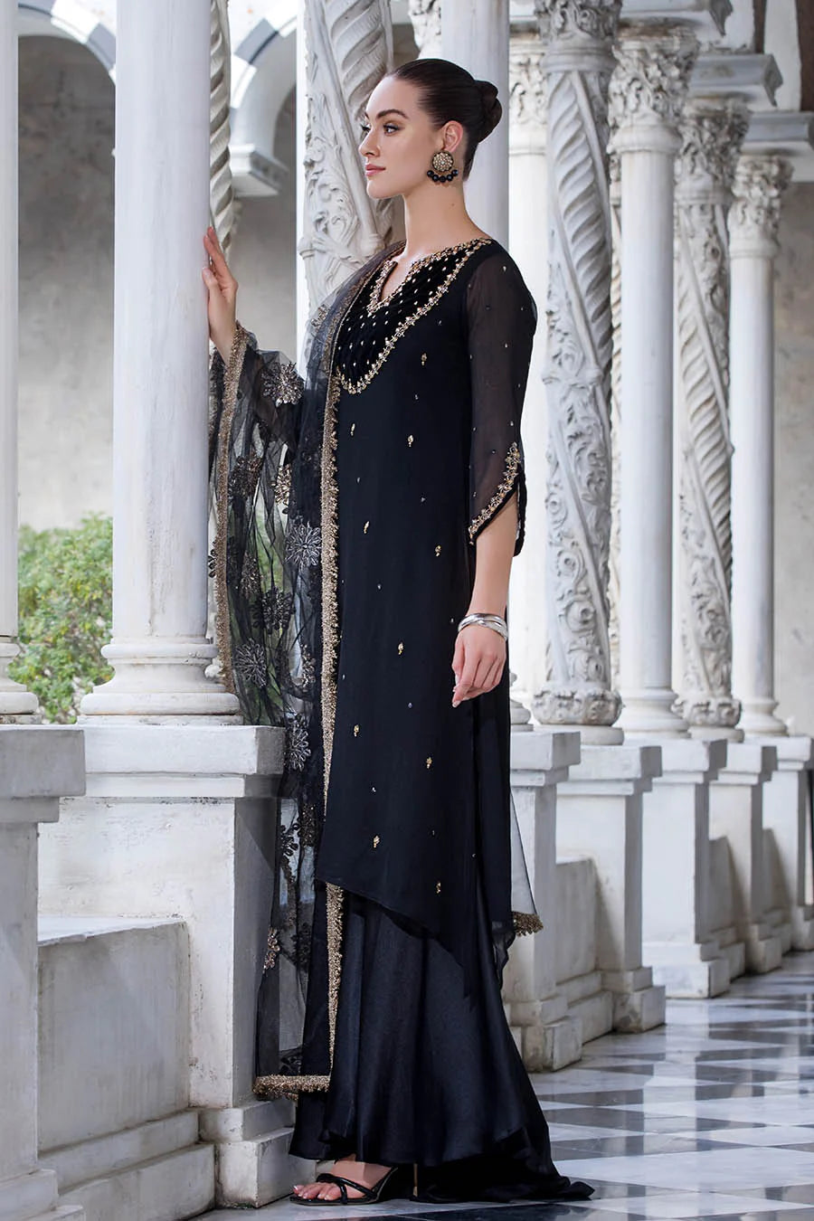 Crinkle Chiffon Shirt & Silk Flared Trouser Set with Gotta Dupatta