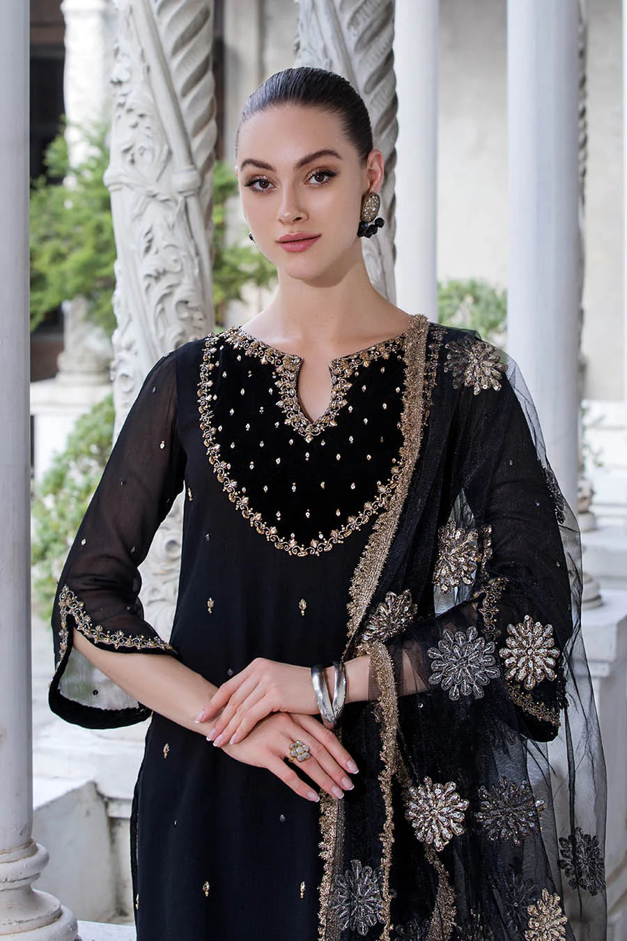 Crinkle Chiffon Shirt & Silk Flared Trouser Set with Gotta Dupatta