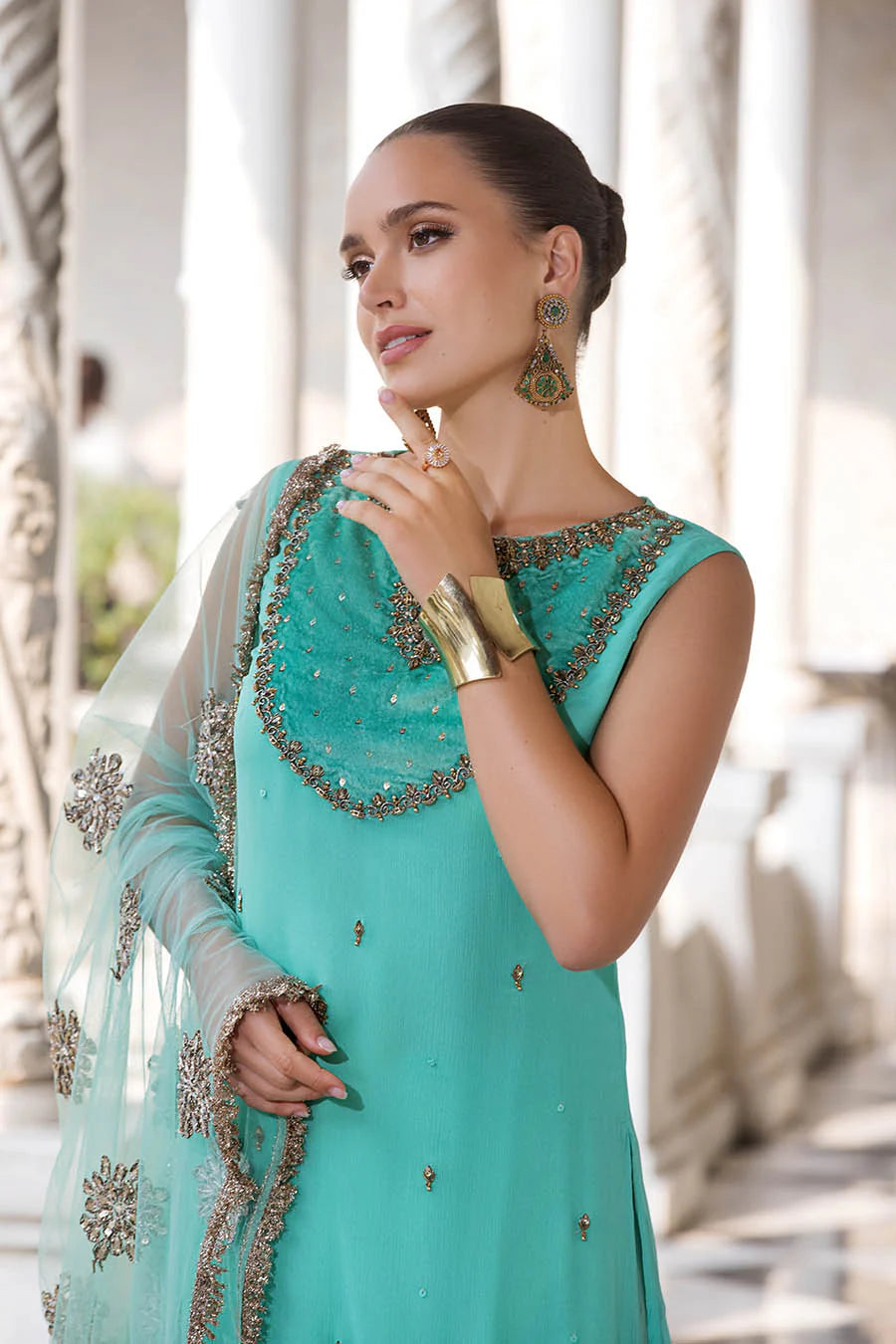 Crinkle Chiffon Shirt & Silk Flared Trouser Set with Gotta Dupatta