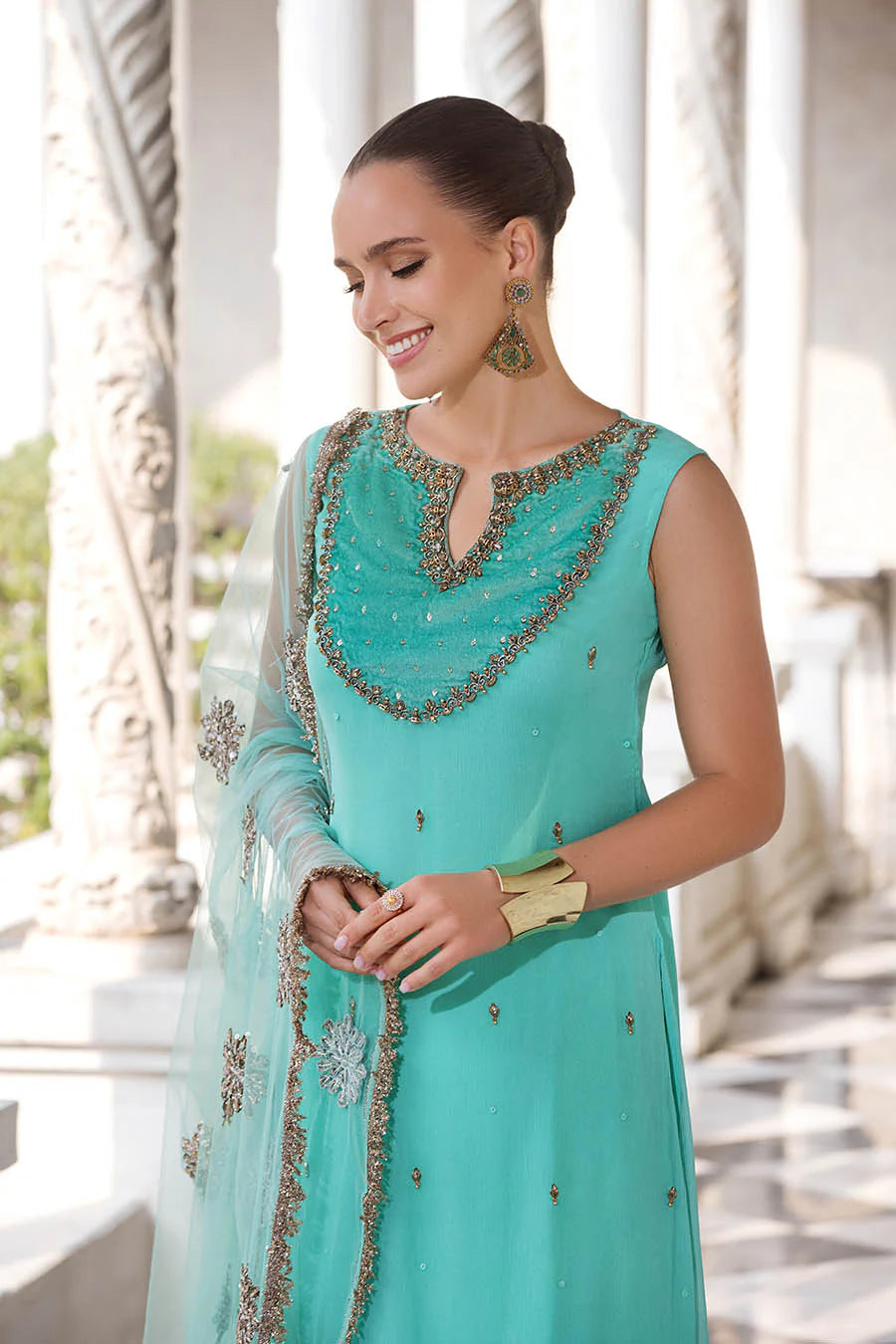 Crinkle Chiffon Shirt & Silk Flared Trouser Set with Gotta Dupatta