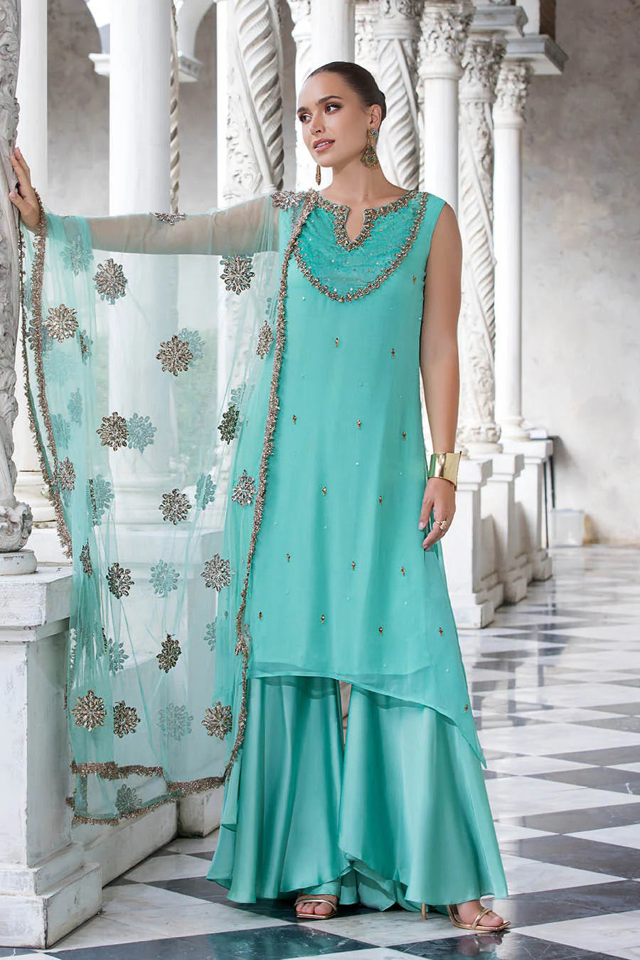 Crinkle Chiffon Shirt & Silk Flared Trouser Set with Gotta Dupatta