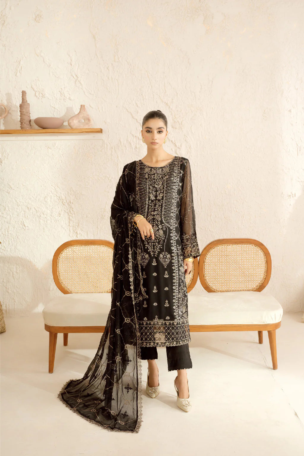Elegant Embroidered Chiffon Suit with Sequins & Organza Borders ( EC120 )