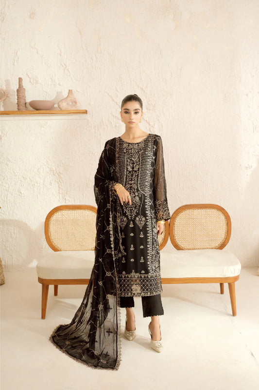 Elegant Embroidered Chiffon Suit with Sequins & Organza Borders ( EC120 )