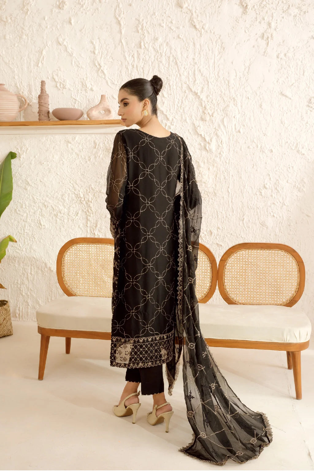 Elegant Embroidered Chiffon Suit with Sequins & Organza Borders ( EC120 )