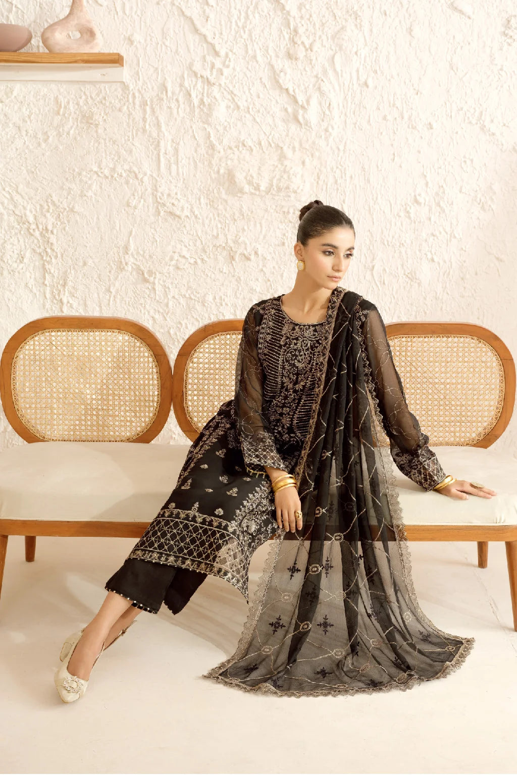 Elegant Embroidered Chiffon Suit with Sequins & Organza Borders ( EC120 )