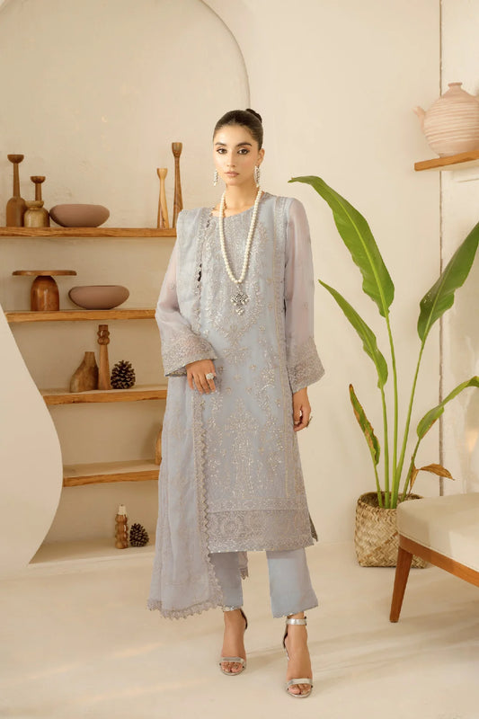Elegant Embroidered Chiffon Suit with Sequins & Organza Borders ( EC121 )