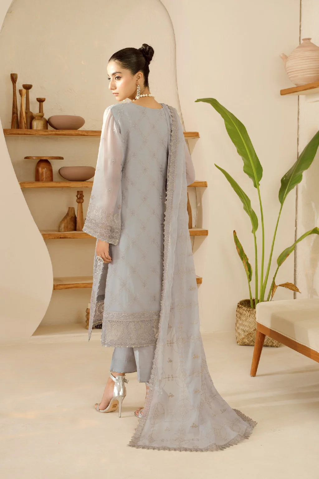 Elegant Embroidered Chiffon Suit with Sequins & Organza Borders ( EC121 )