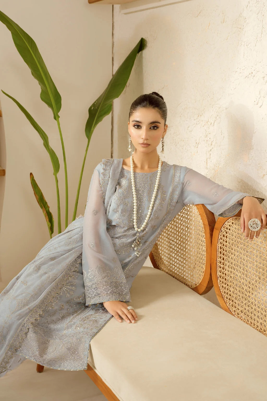 Elegant Embroidered Chiffon Suit with Sequins & Organza Borders ( EC121 )