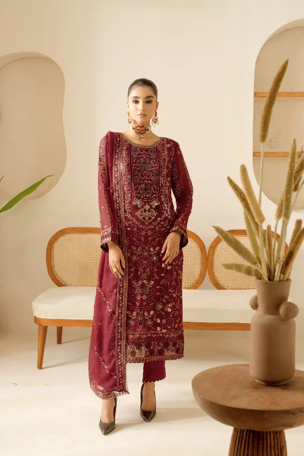Elegant Embroidered Chiffon Suit with Sequins & Organza Borders ( EC119 )