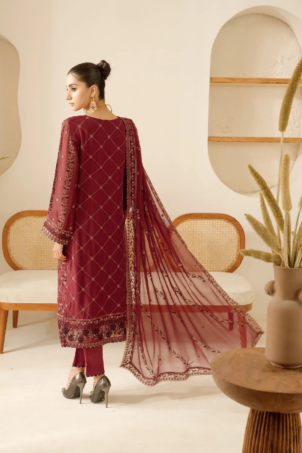 Elegant Embroidered Chiffon Suit with Sequins & Organza Borders ( EC119 )
