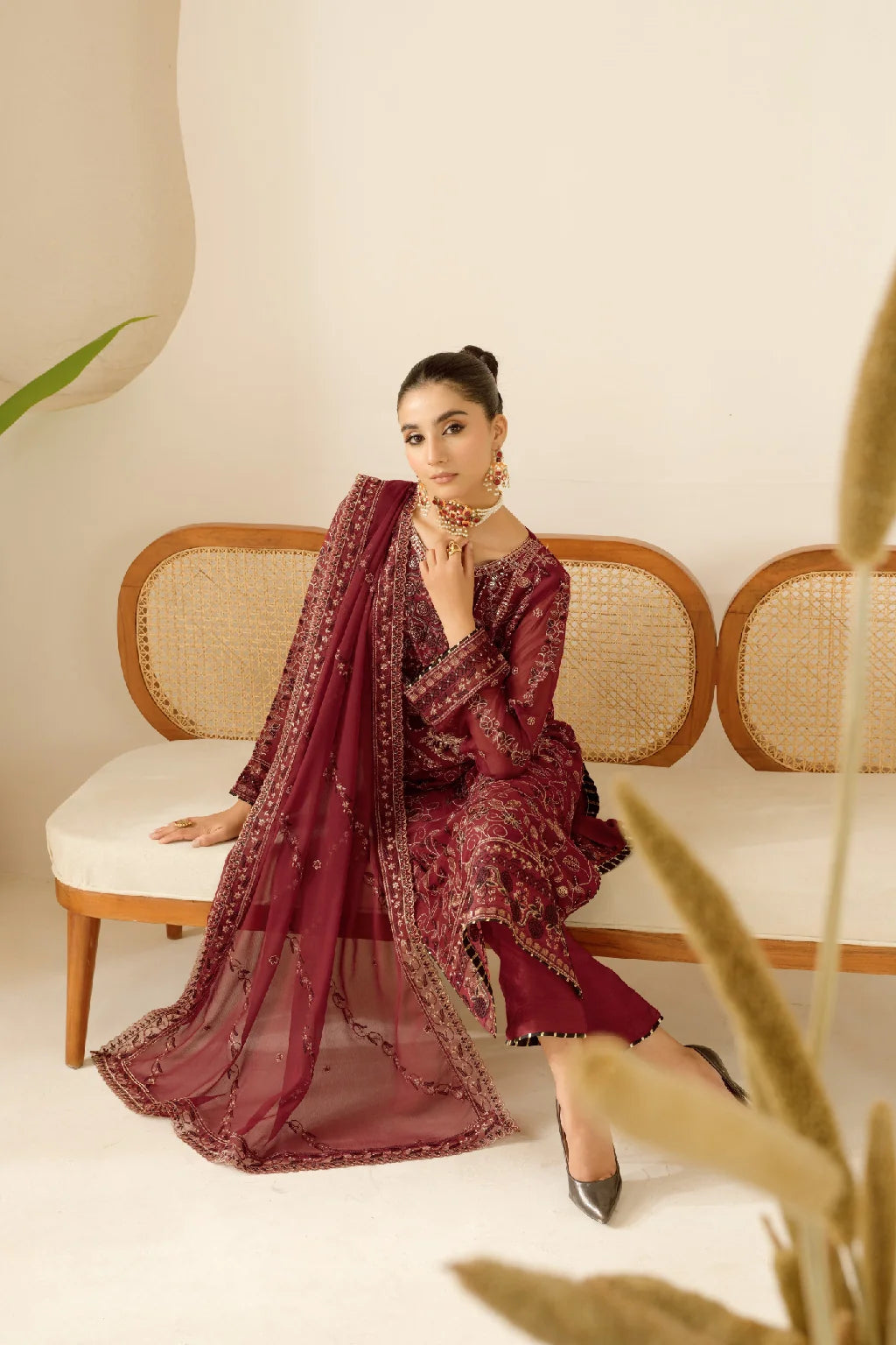 Elegant Embroidered Chiffon Suit with Sequins & Organza Borders ( EC119 )