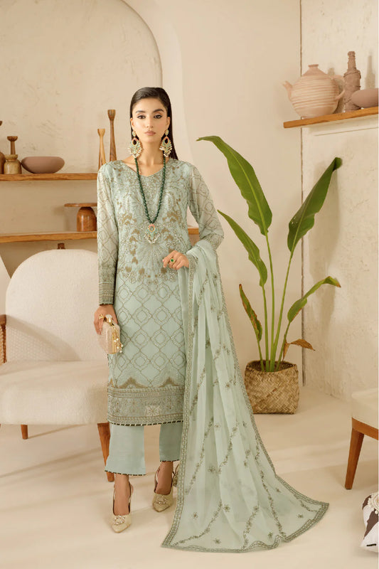 Elegant Embroidered Chiffon Suit with Sequins & Organza Borders ( EC118 )