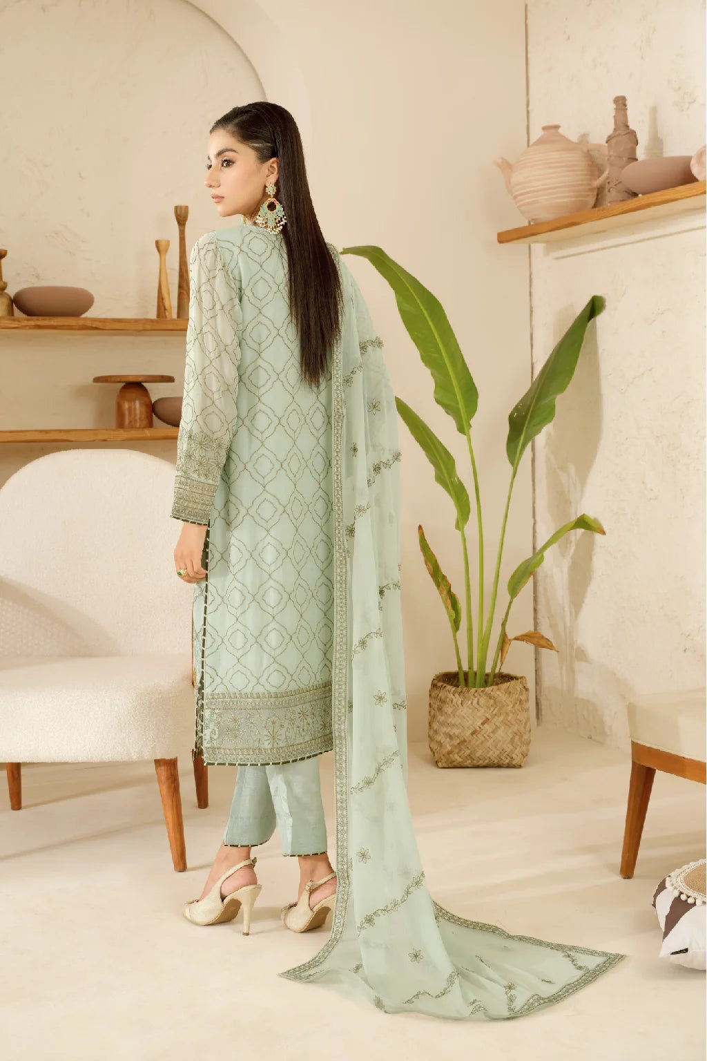 Elegant Embroidered Chiffon Suit with Sequins & Organza Borders ( EC118 )