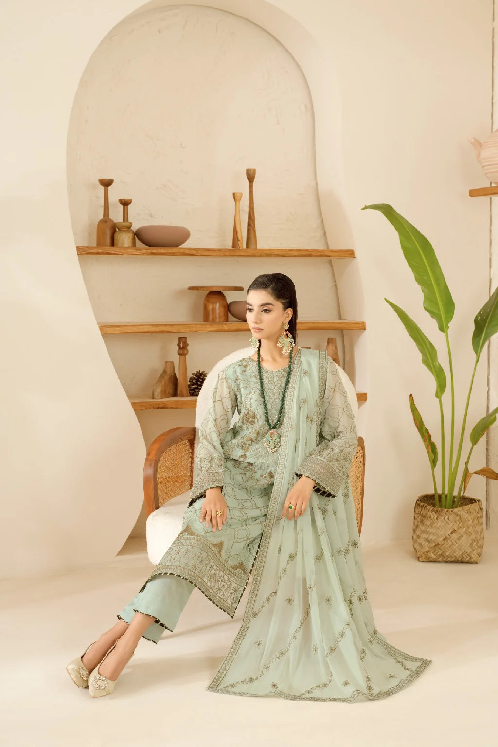 Elegant Embroidered Chiffon Suit with Sequins & Organza Borders ( EC118 )