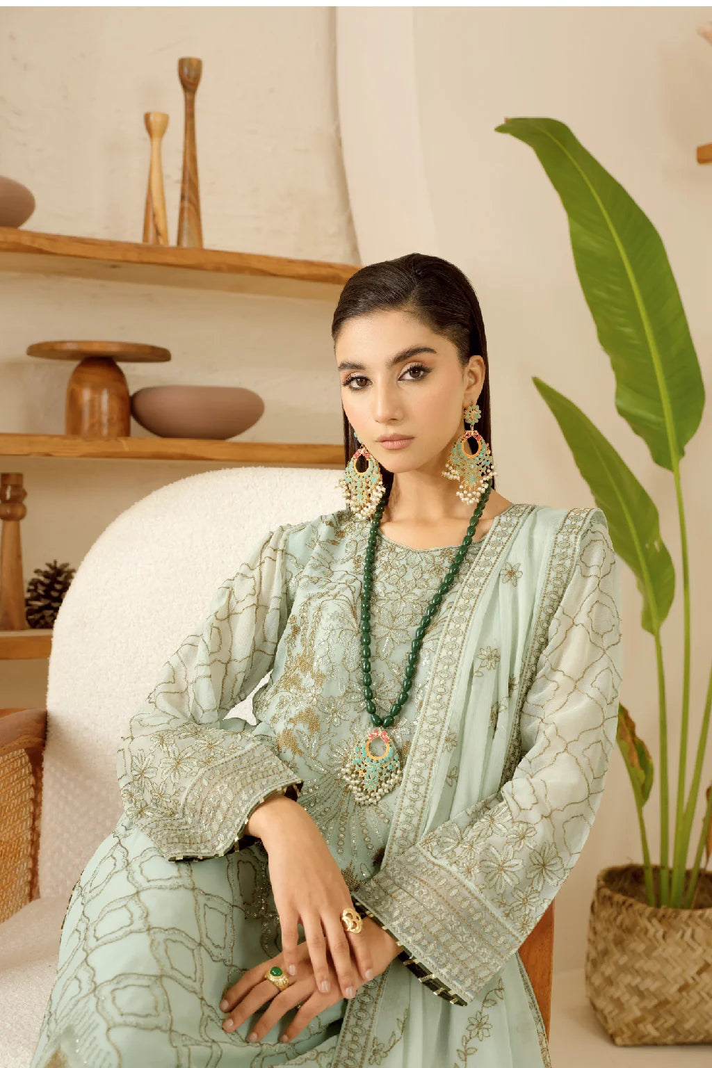 Elegant Embroidered Chiffon Suit with Sequins & Organza Borders ( EC118 )