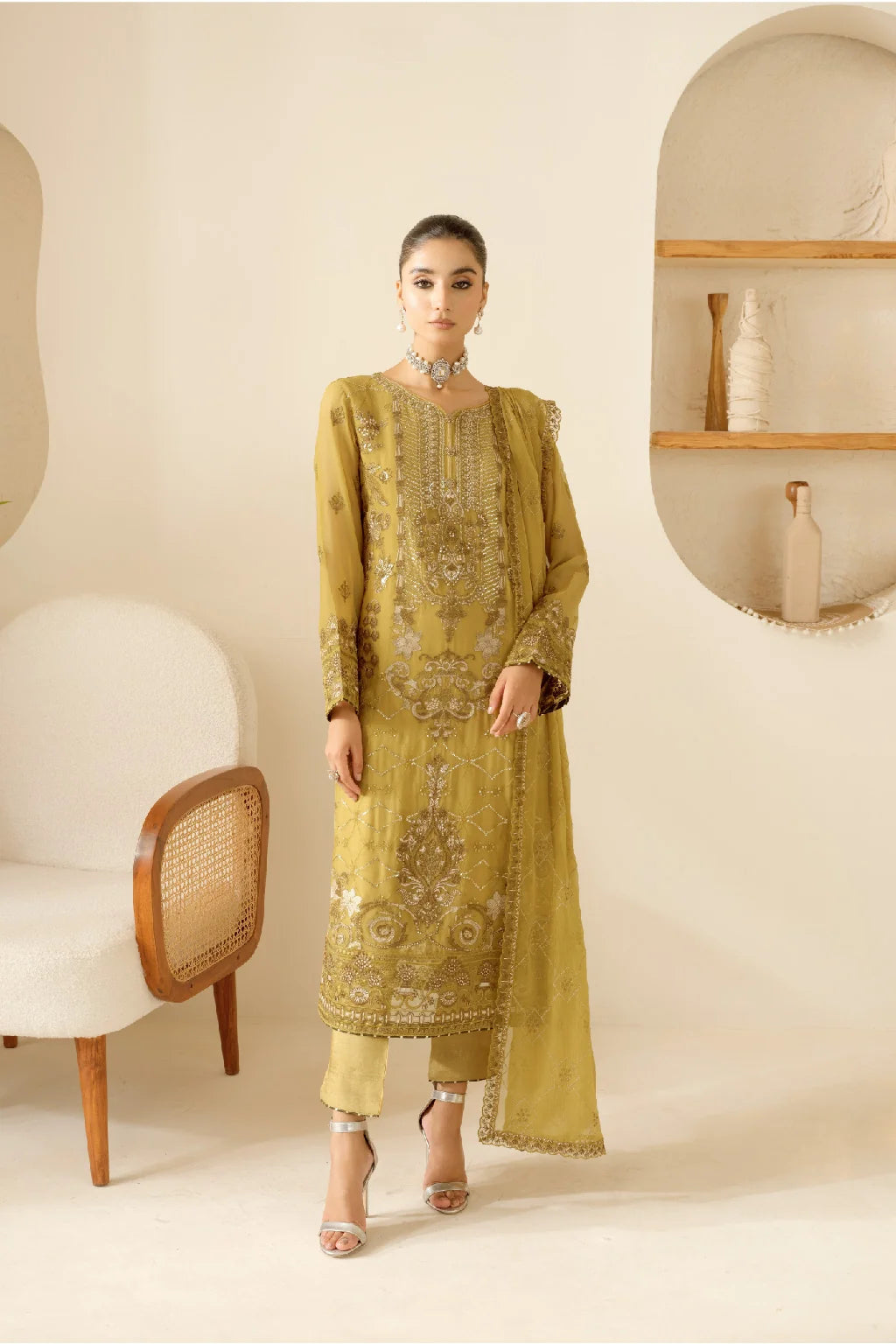 Elegant Embroidered Chiffon Suit with Sequins & Organza Borders ( EC122 )