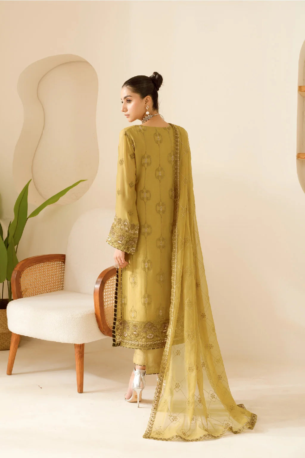 Elegant Embroidered Chiffon Suit with Sequins & Organza Borders ( EC122 )