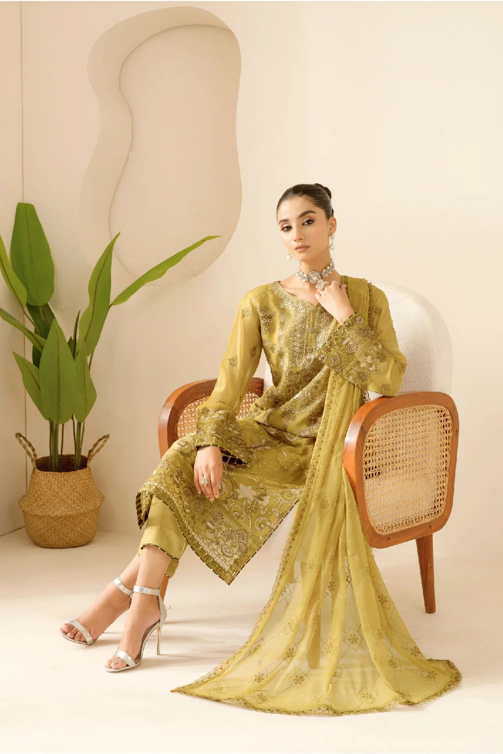 Elegant Embroidered Chiffon Suit with Sequins & Organza Borders ( EC122 )