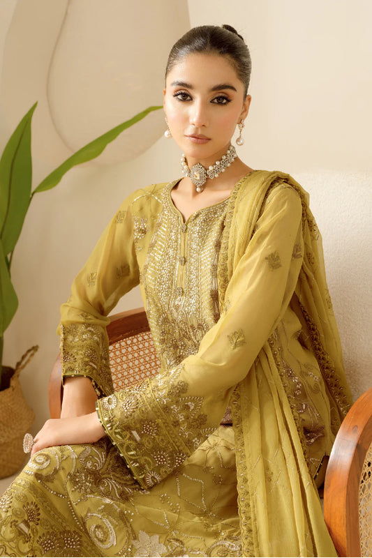Elegant Embroidered Chiffon Suit with Sequins & Organza Borders ( EC122 )