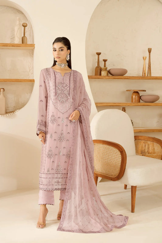 Elegant Embroidered Chiffon Suit with Sequins & Organza Borders ( EC117 )