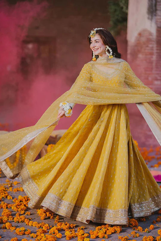 Yellow Bridal Pishwas with Embroidered Dupatta – Mehndi Wedding Dress