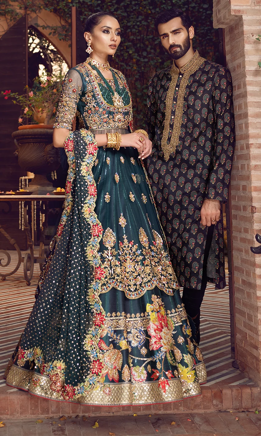 Green Bridal Pishwas Lehenga with Net Dupatta – Mehndi Wedding Dress