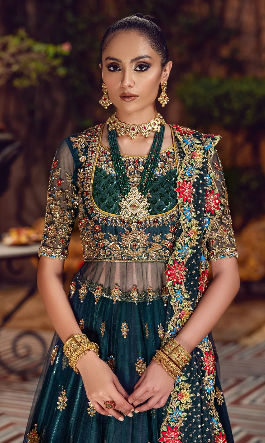 Green Bridal Pishwas Lehenga with Net Dupatta – Mehndi Wedding Dress