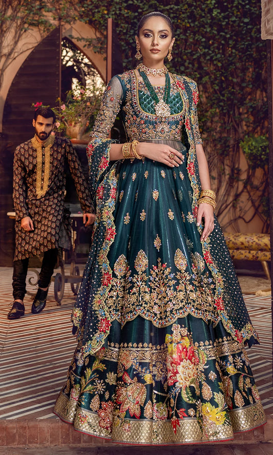Green Bridal Pishwas Lehenga with Net Dupatta – Mehndi Wedding Dress
