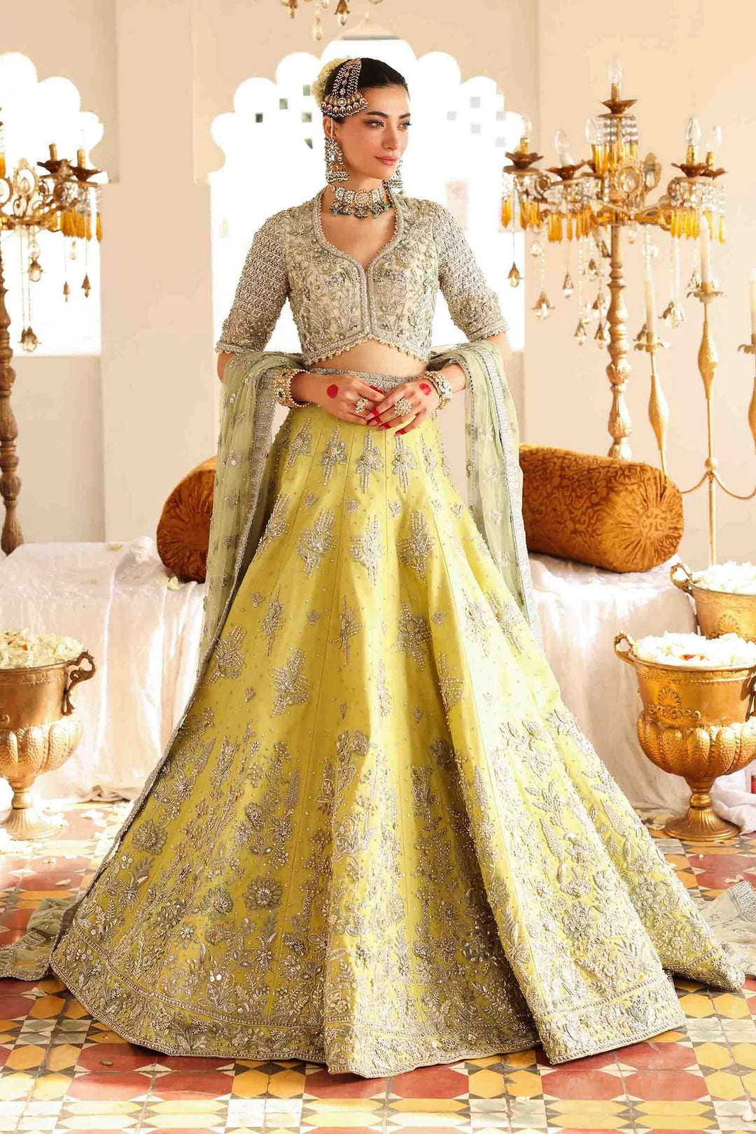 Yellow & Silver Embellished Bridal Lehenga Choli with Organza Dupatta