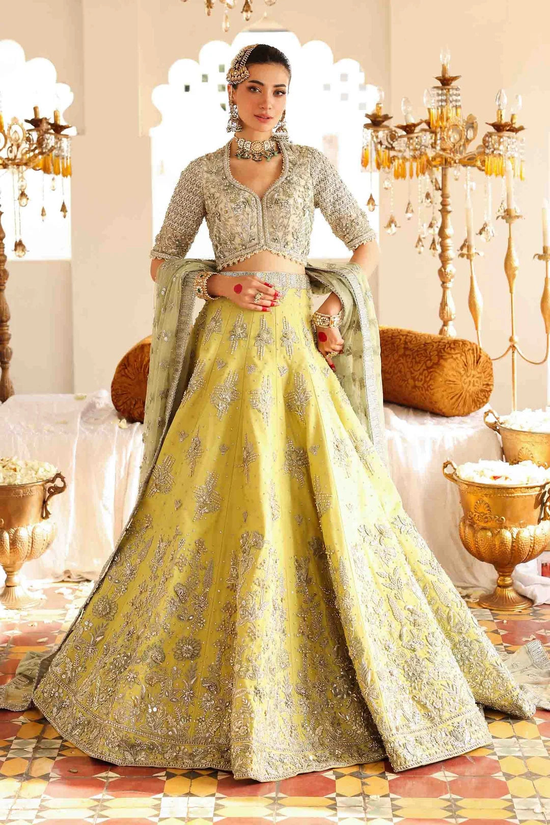 Yellow & Silver Embellished Bridal Lehenga Choli with Organza Dupatta