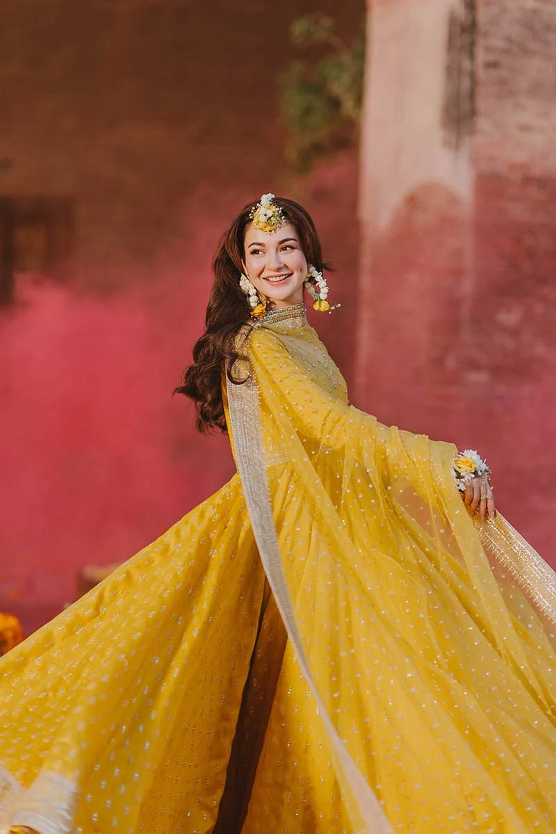 Yellow Bridal Pishwas with Embroidered Dupatta – Mehndi Wedding Dress