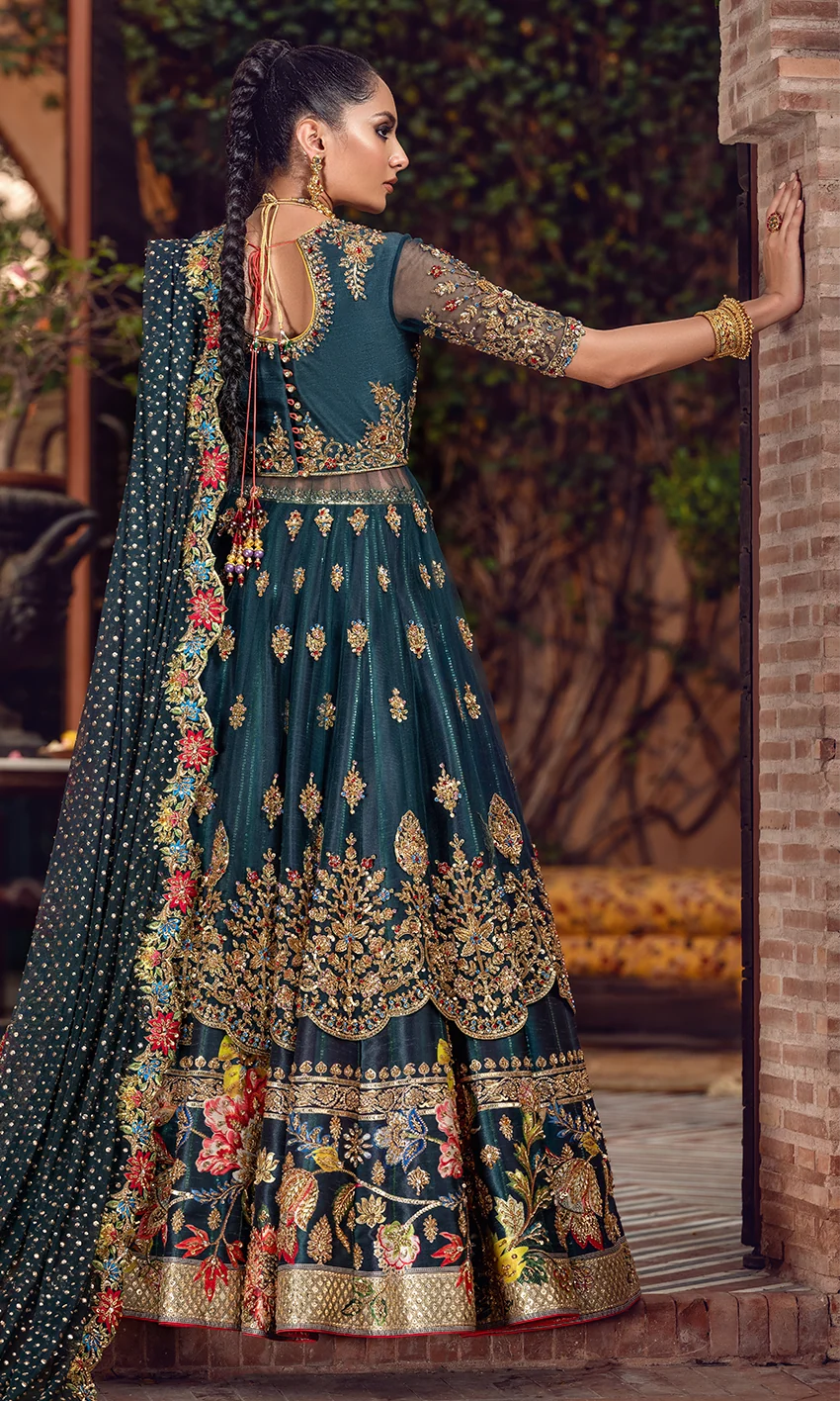 Green Bridal Pishwas Lehenga with Net Dupatta – Mehndi Wedding Dress