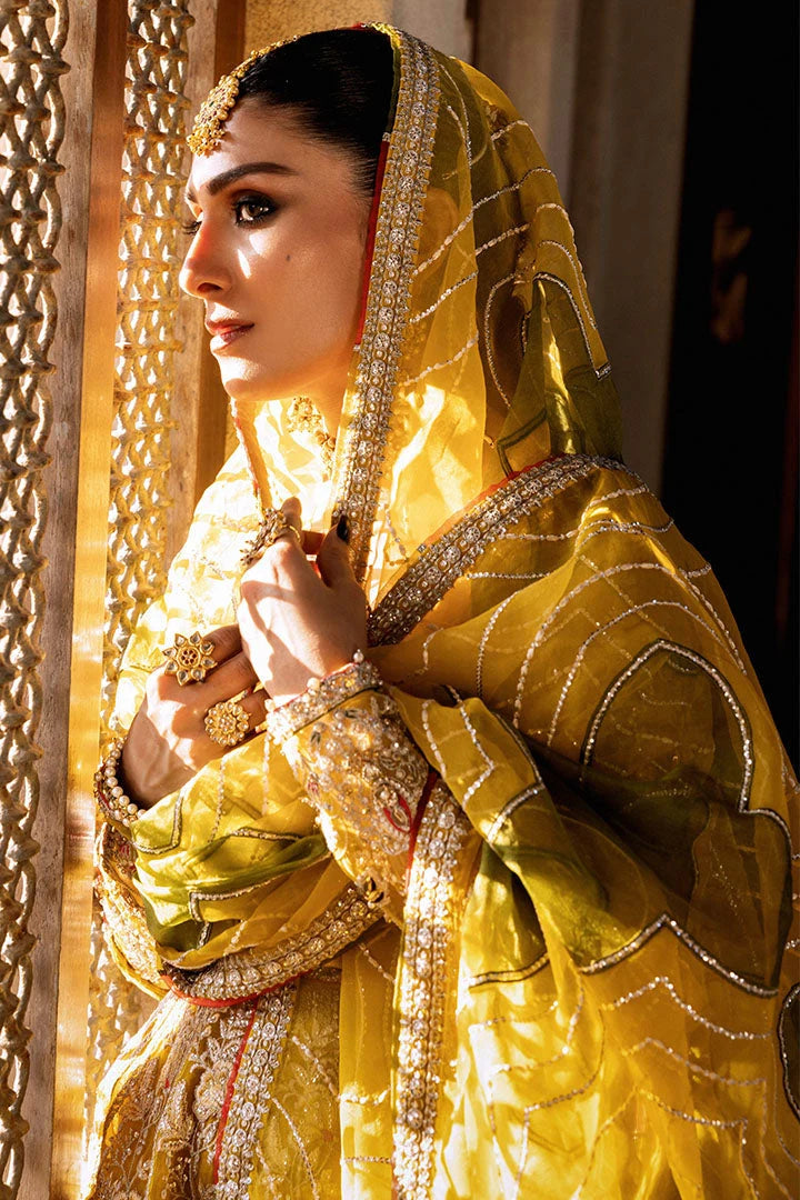Pakistani Bridal Pishwas Dress with Silk Lehenga & Organza Dupatta – Mehndi Wedding Wear
