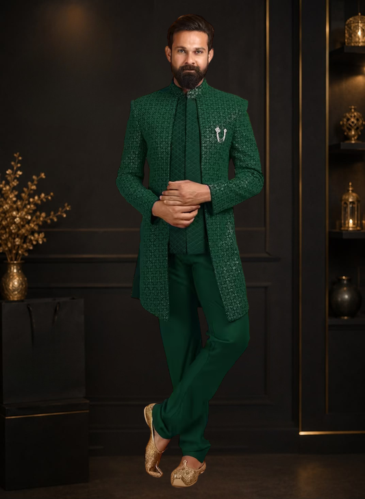 Bottle Green Georgette Embroidered Men Jacket Style Sherwani