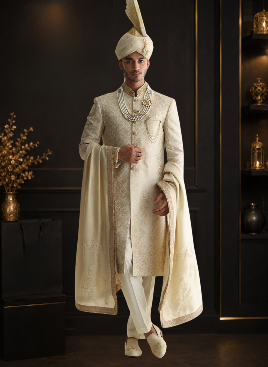 Embroidered Jamawar Sherwani with Raw Silk Shawl & Atchison Turban