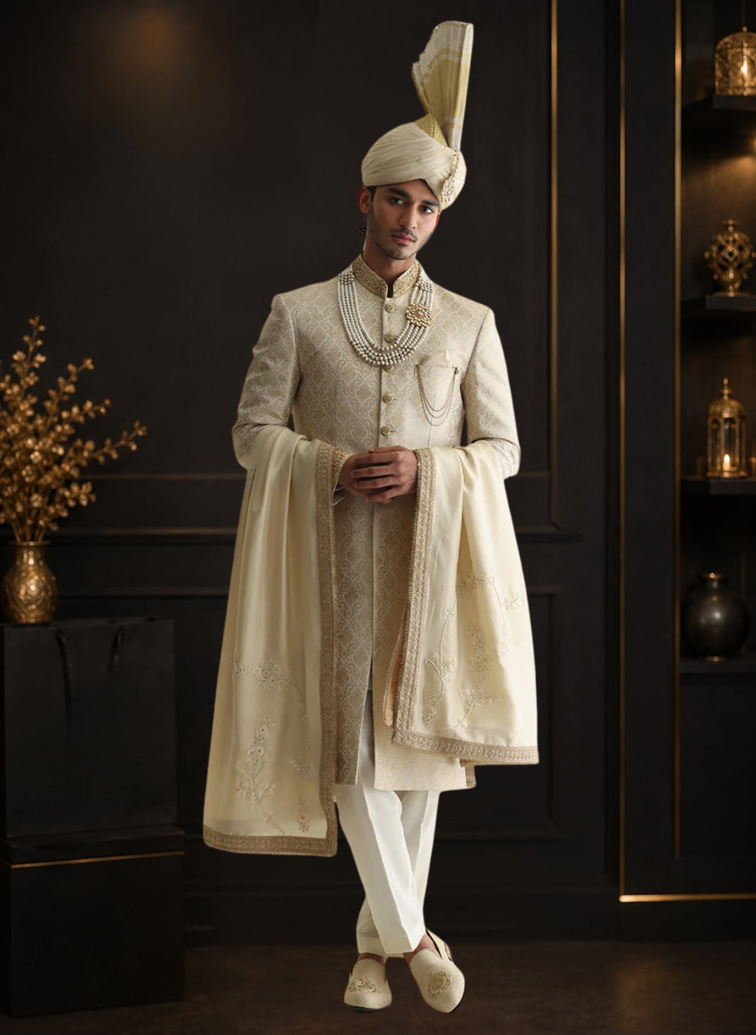 Embroidered Jamawar Sherwani with Raw Silk Shawl & Atchison Turban