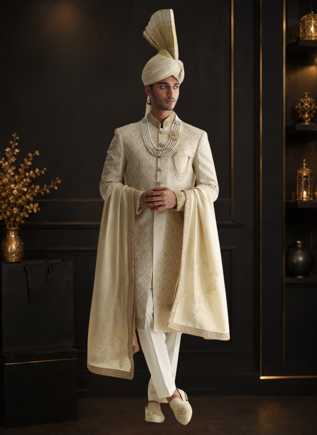Embroidered Jamawar Sherwani with Raw Silk Shawl & Atchison Turban