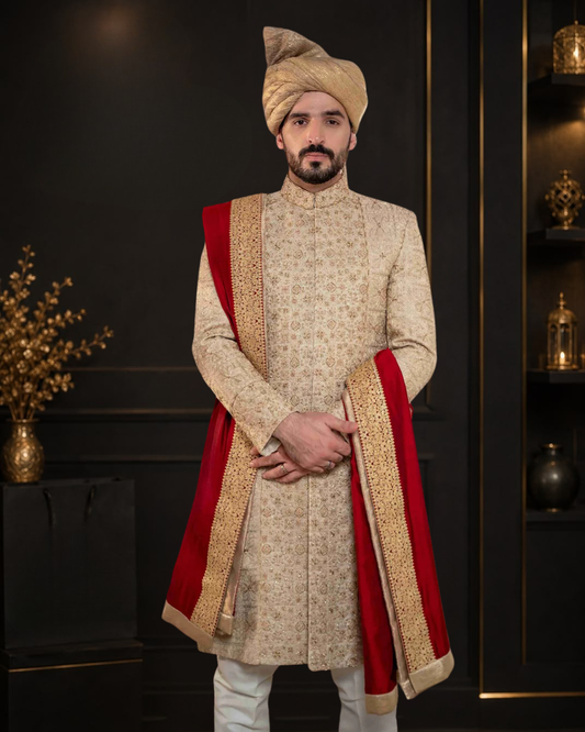 Golden Self Embroidered Kundan Zari Suit with Off White Raw Silk Inner