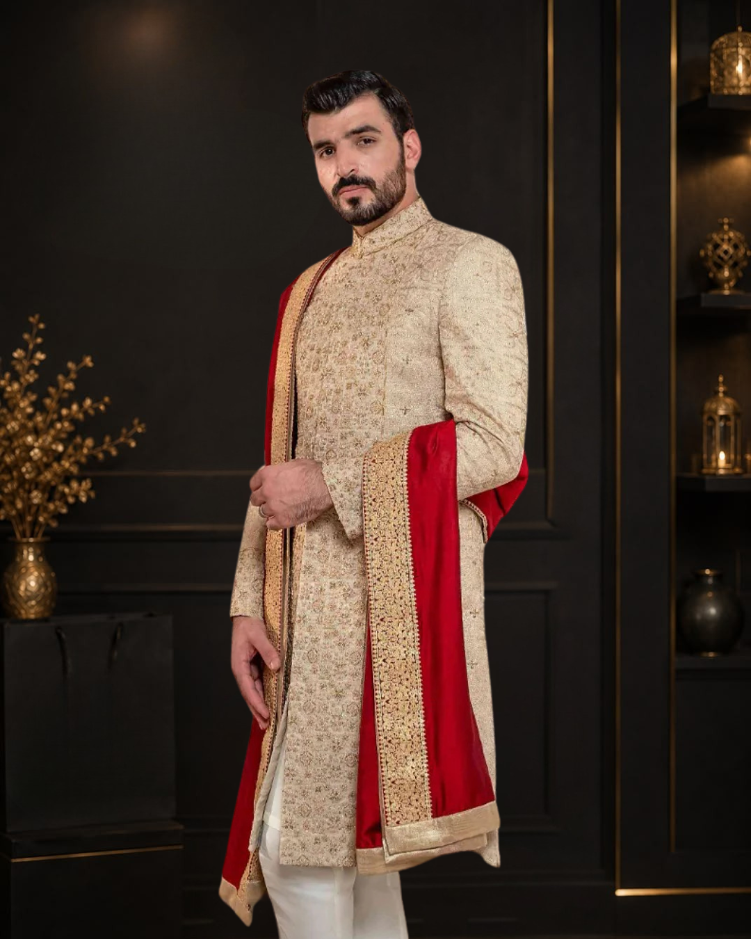 Golden Self Embroidered Kundan Zari Suit with Off White Raw Silk Inner