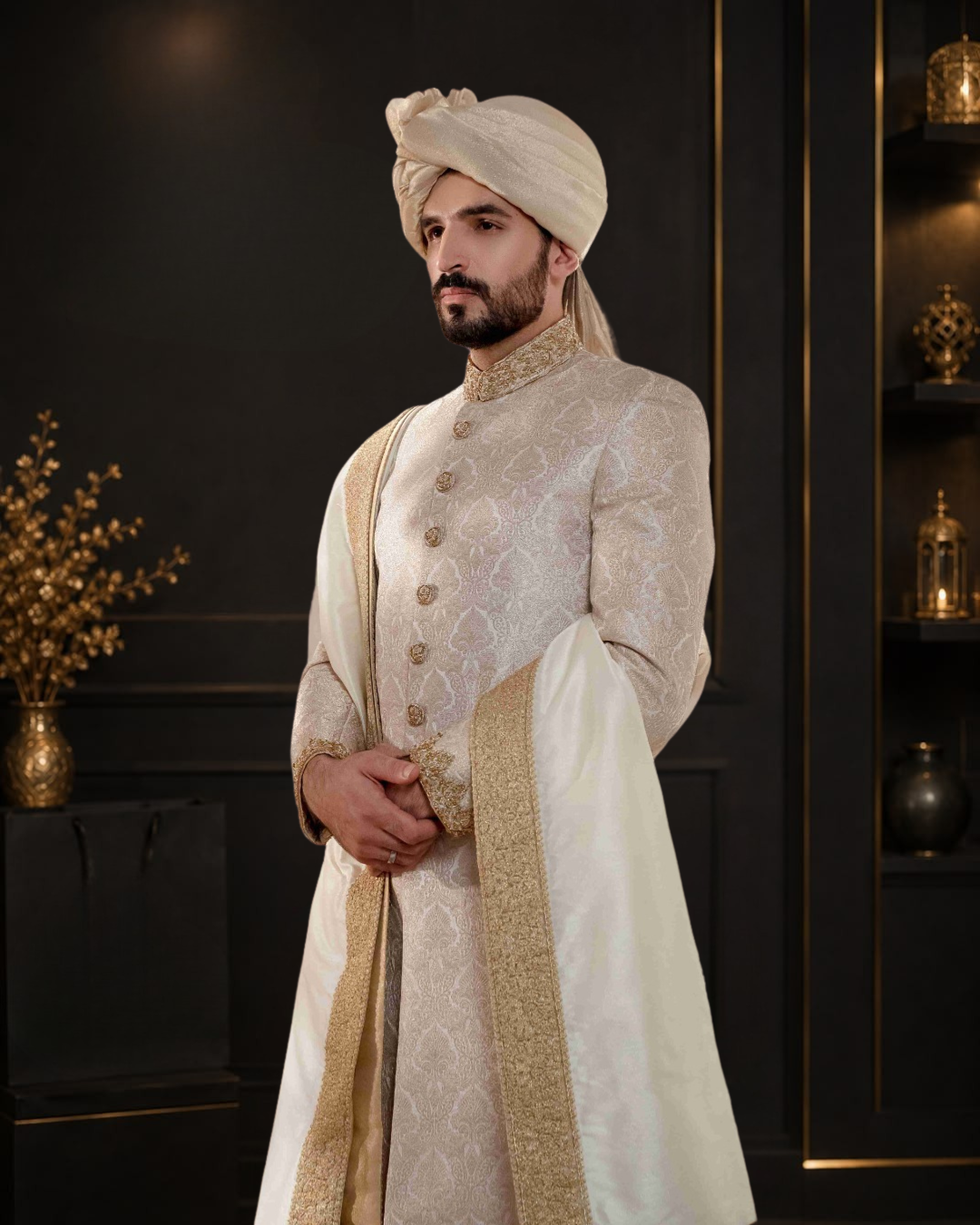 Silver Atlas Self Printed Wedding Sherwani