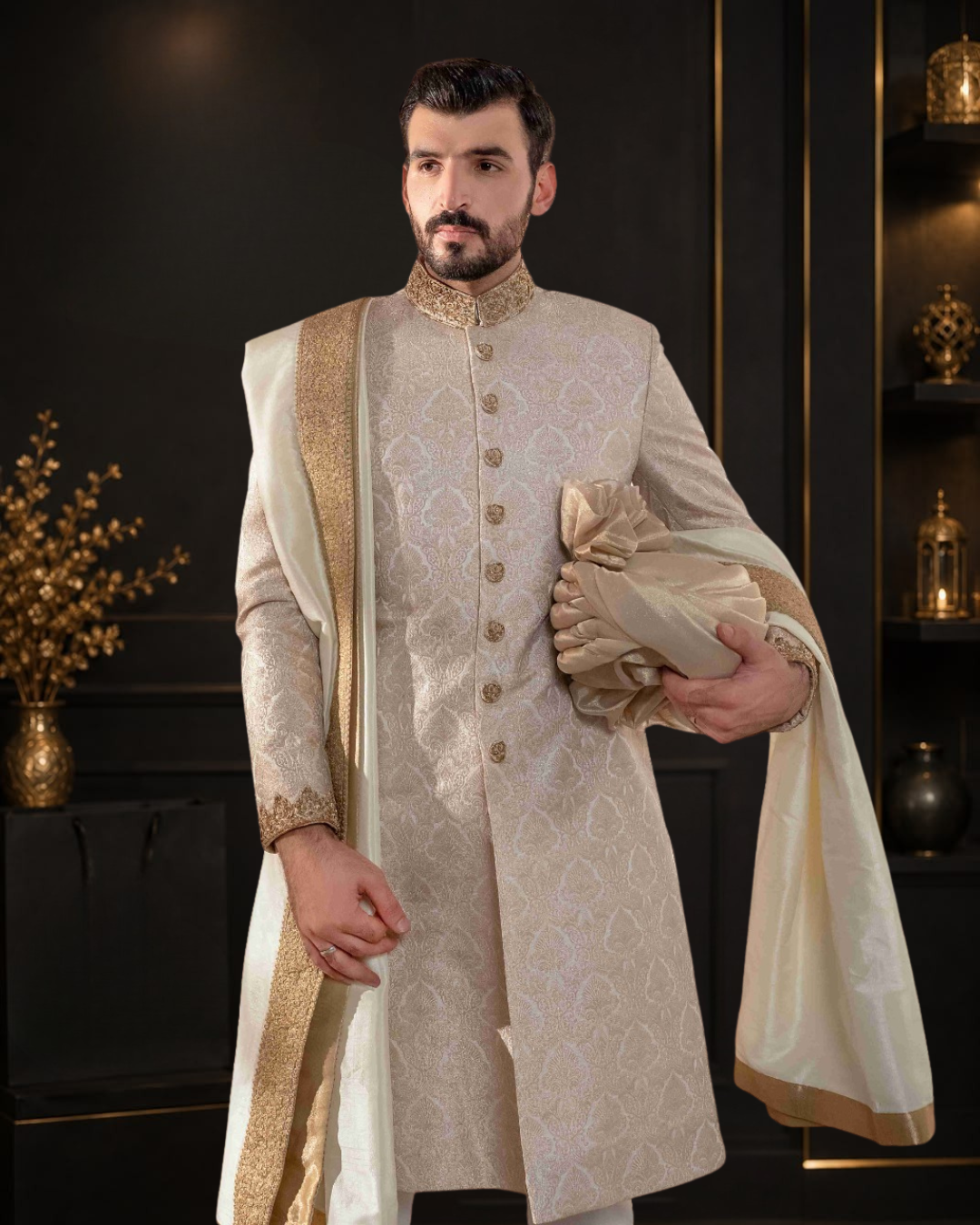 Silver Atlas Self Printed Wedding Sherwani